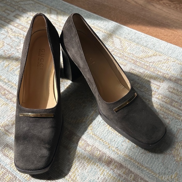 Gucci Shoes - Gucci Dark Brown Suede Block Heel Pumps with Gold Accent
